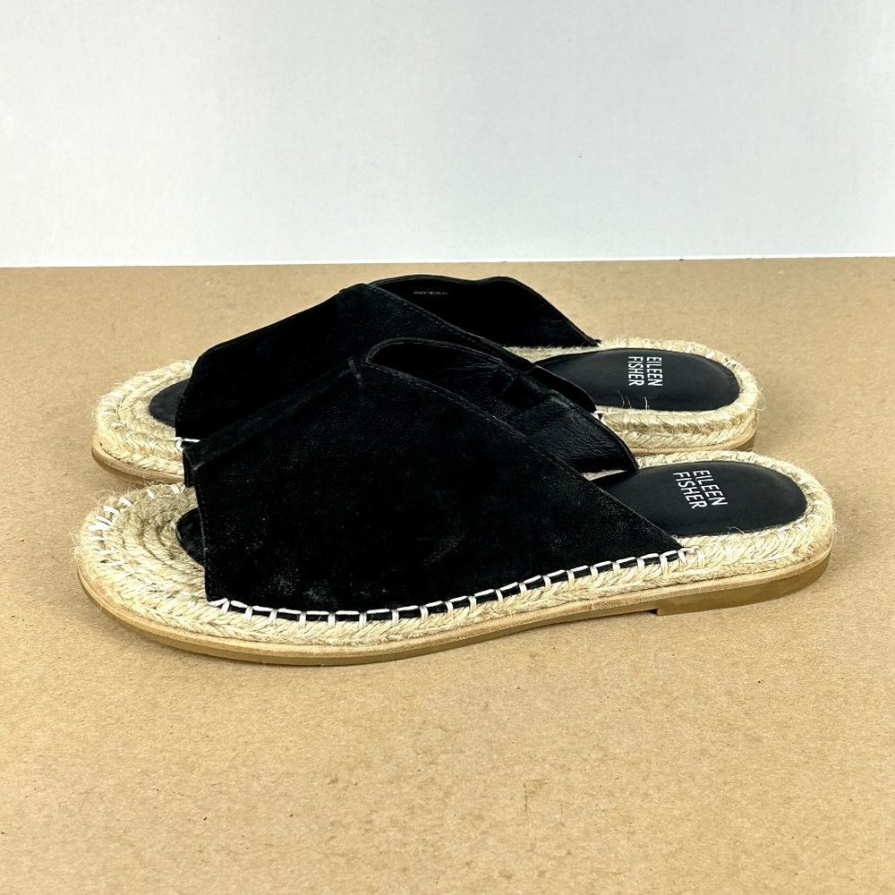 Eileen Fisher Milly Espadrille Slide Sandal Womens Size 7.5 Black Leather